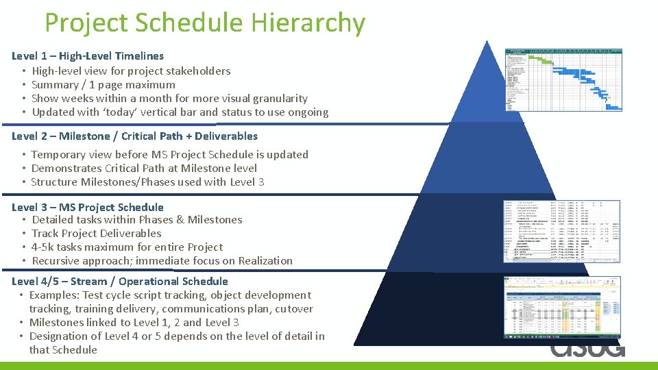 Project Schedule Hierarchy Level 1 – High-Level Timelines • High-level view for project stakeholders