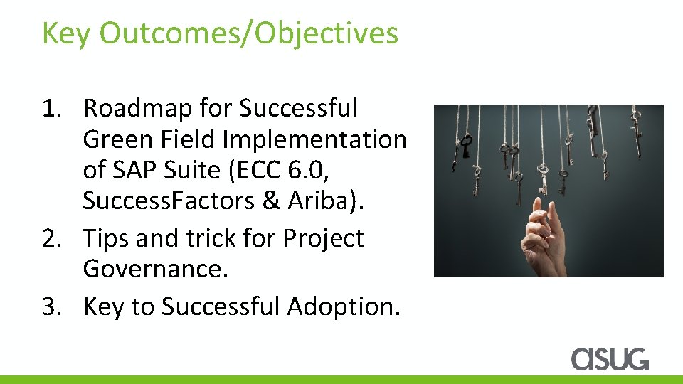 Key Outcomes/Objectives 1. Roadmap for Successful Green Field Implementation of SAP Suite (ECC 6.