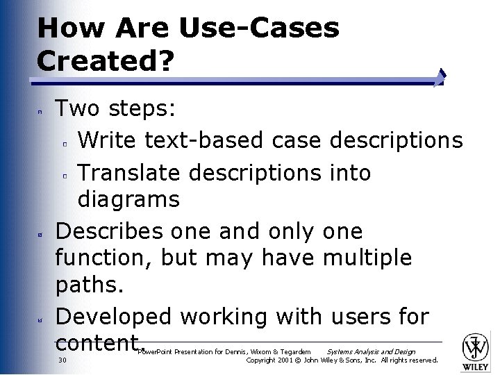 How Are Use-Cases Created? Two steps: Write text-based case descriptions Translate descriptions into diagrams