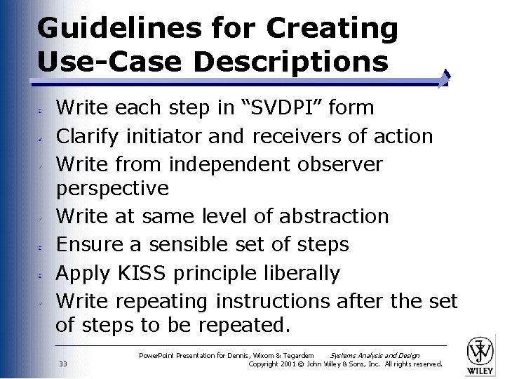 Guidelines for Creating Use-Case Descriptions Write each step in “SVDPI” form Clarify initiator and