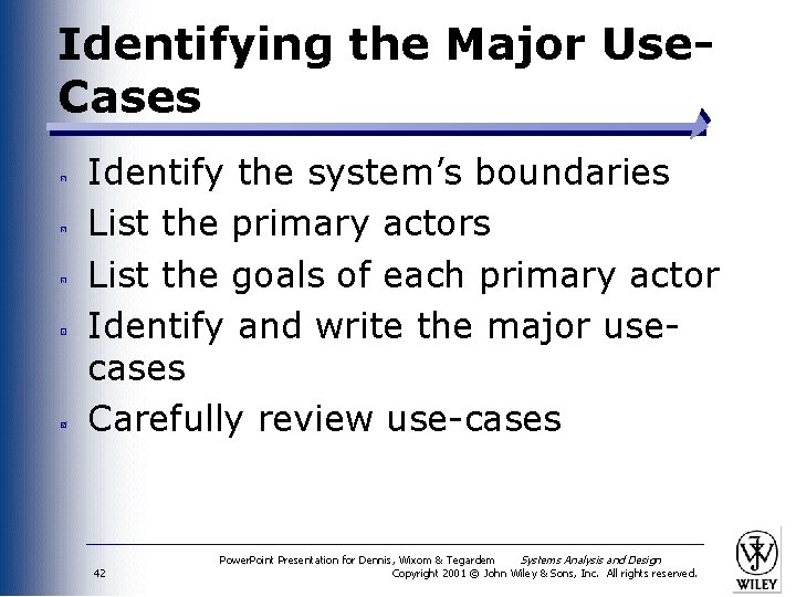 Identifying the Major Use. Cases Identify the system’s boundaries List the primary actors List