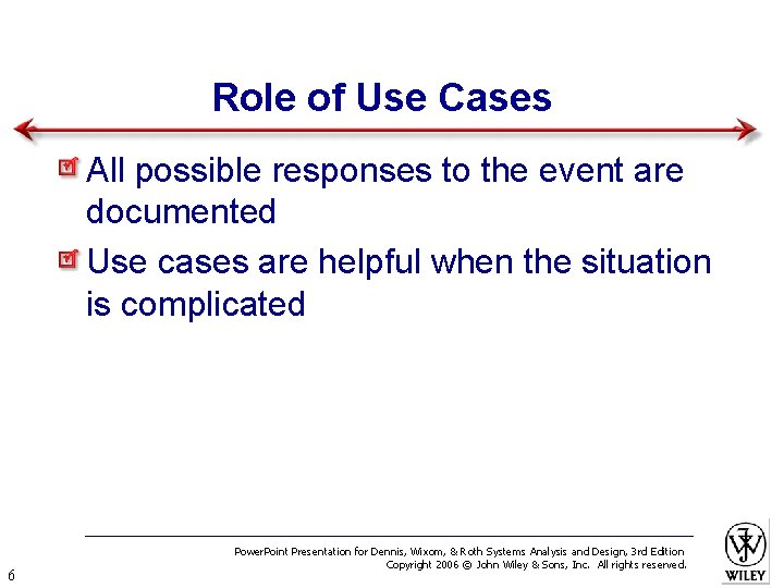 Role of Use Cases All possible responses to the event are documented Use cases