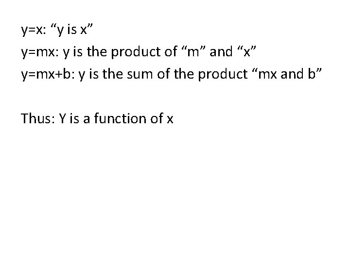 y=x: “y is x” y=mx: y is the product of “m” and “x” y=mx+b: