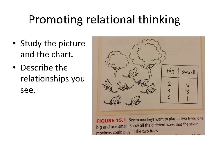 Promoting relational thinking • Study the picture and the chart. • Describe the relationships