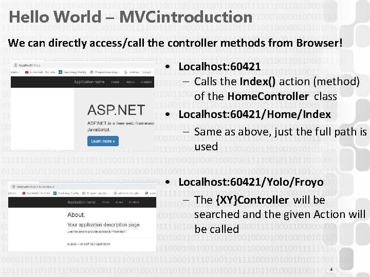 Hello World – MVC introduction We can directly access/call the controller methods from Browser!