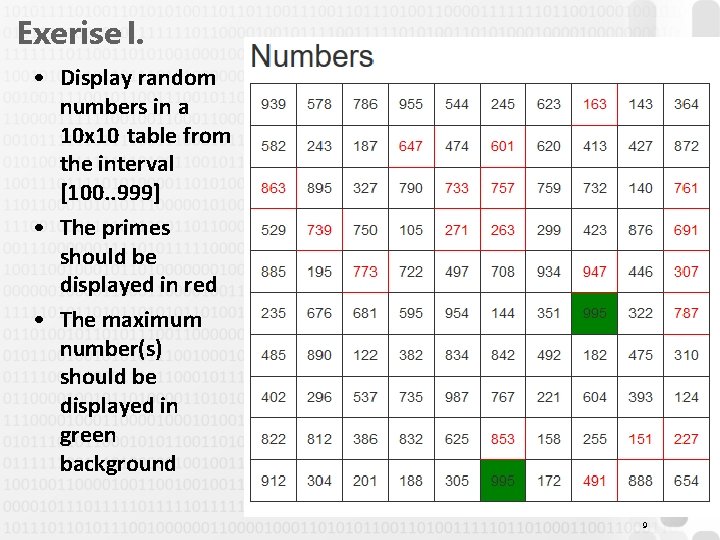 Exerise I. • Display random numbers in a 10 x 10 table from the