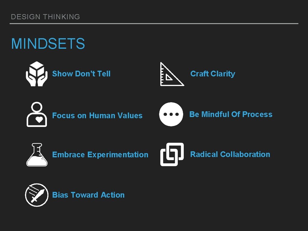 DESIGN THINKING MINDSETS Show Don’t Tell Craft Clarity Focus on Human Values Be Mindful DESIGN THINKING MINDSETS Show Don’t Tell Craft Clarity Focus on Human Values Be Mindful