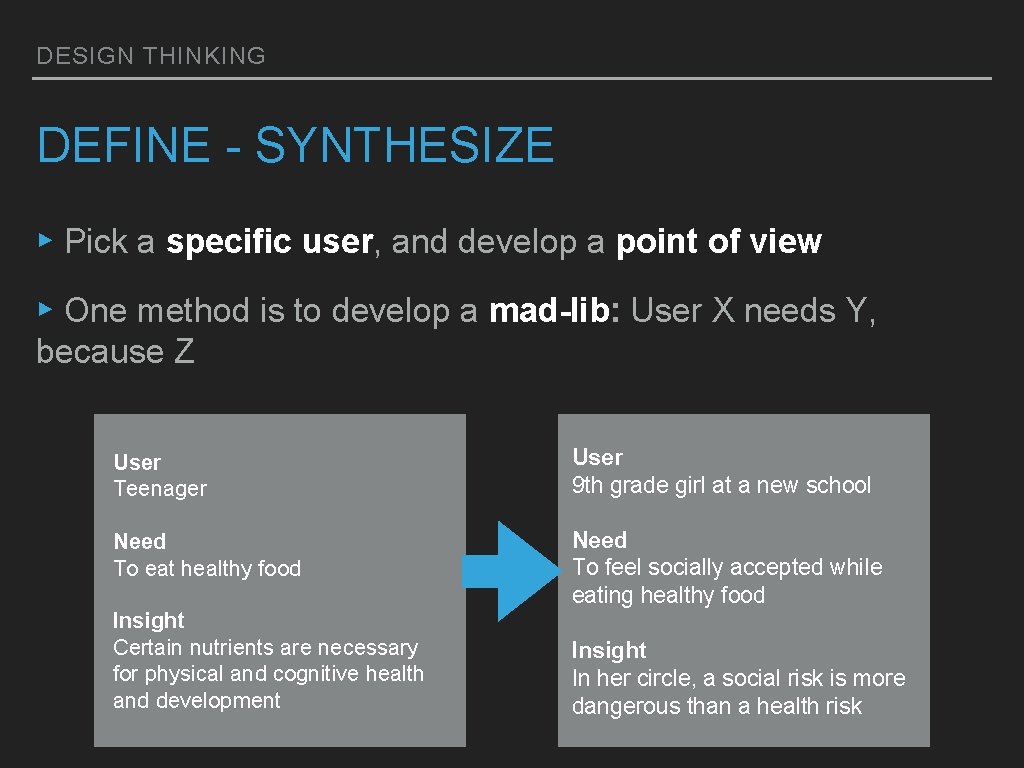 DESIGN THINKING DEFINE - SYNTHESIZE ▸ Pick a specific user, and develop a point DESIGN THINKING DEFINE - SYNTHESIZE ▸ Pick a specific user, and develop a point