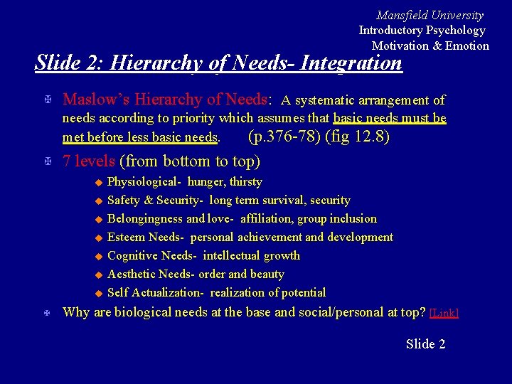 Mansfield University Introductory Psychology Motivation & Emotion Slide 2: Hierarchy of Needs- Integration X