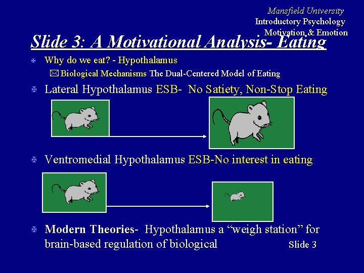 Mansfield University Introductory Psychology Motivation & Emotion Slide 3: A Motivational Analysis- Eating X