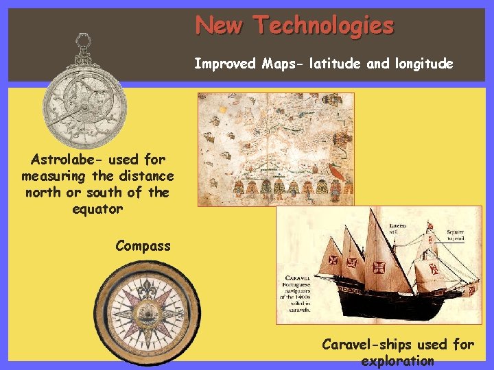 New Technologies Improved Maps- latitude and longitude Astrolabe- used for measuring the distance north