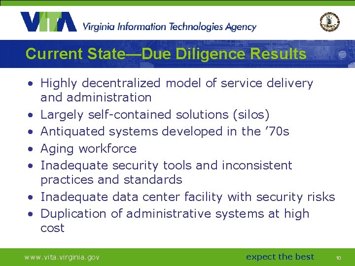 Current State—Due Diligence Results • Highly decentralized model of service delivery and administration •