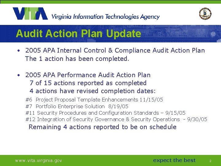 Audit Action Plan Update • 2005 APA Internal Control & Compliance Audit Action Plan