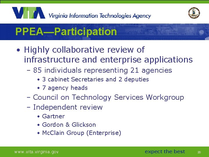 PPEA—Participation • Highly collaborative review of infrastructure and enterprise applications – 85 individuals representing