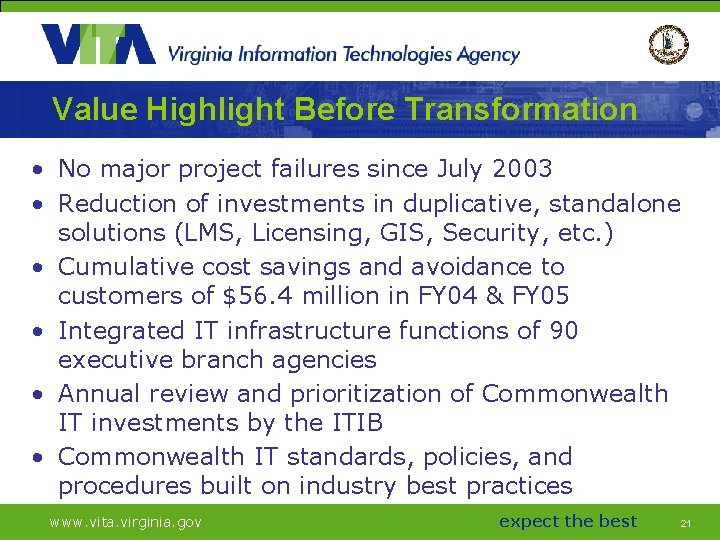 Value Highlight Before Transformation • No major project failures since July 2003 • Reduction