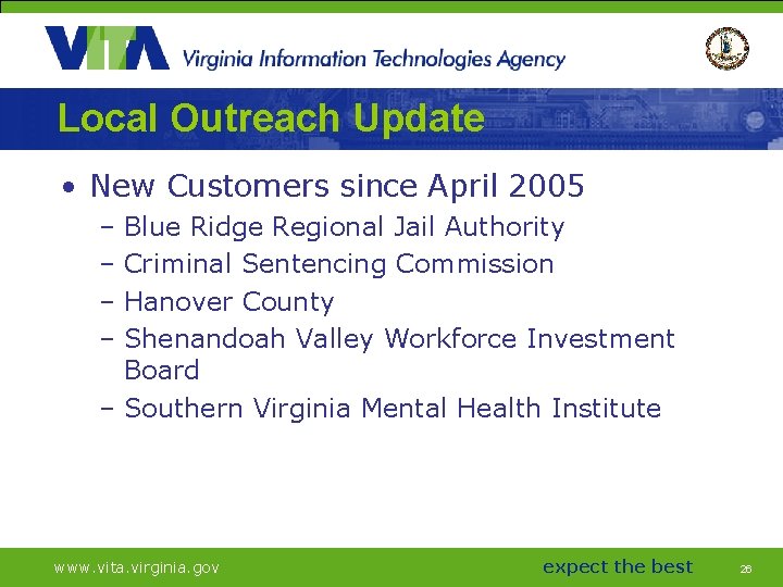 Local Outreach Update • New Customers since April 2005 – Blue Ridge Regional Jail
