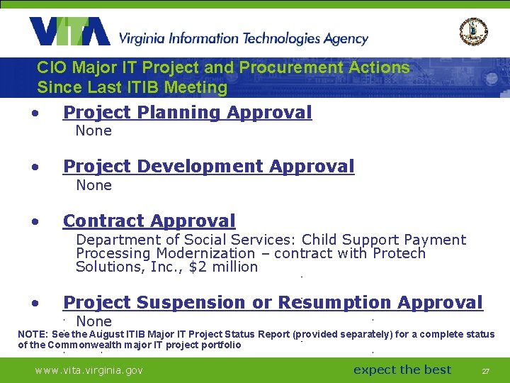CIO Major IT Project and Procurement Actions Since Last ITIB Meeting • Project Planning