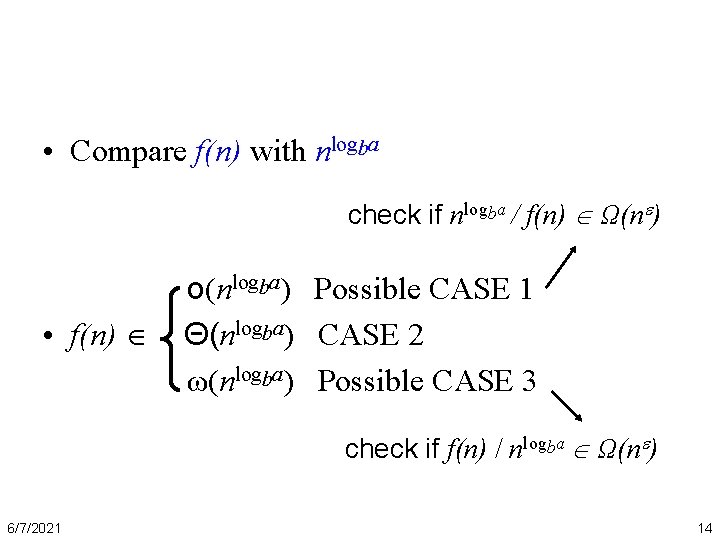  • Compare f(n) with nlogba check if nlogba / f(n) Ω(n ) •