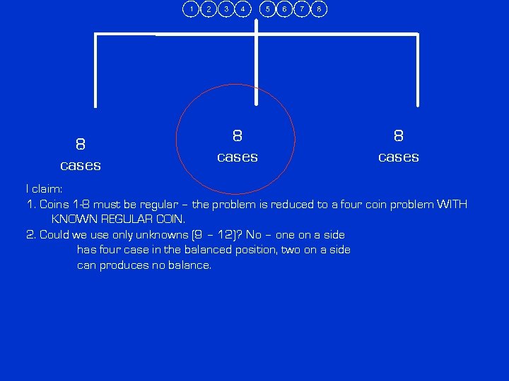 8 cases I claim: 1. Coins 1 -8 must be regular – the problem