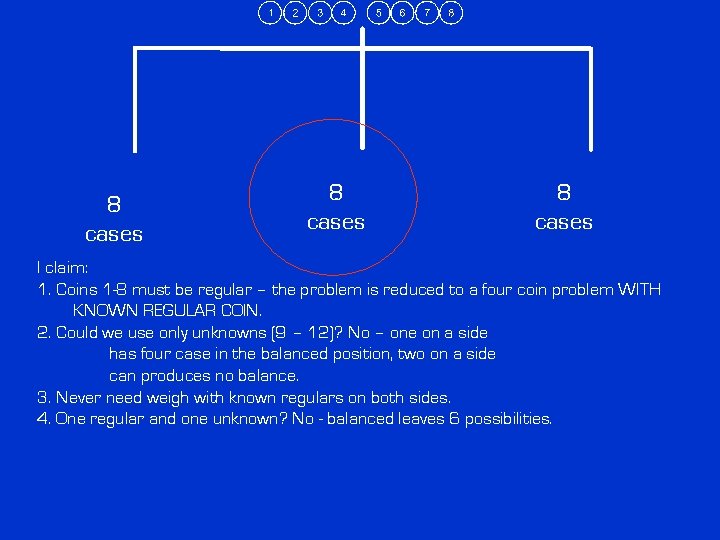 8 cases I claim: 1. Coins 1 -8 must be regular – the problem