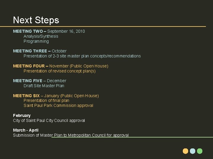 Next Steps MEETING TWO – September 16, 2010 Analysis/Synthesis Programming MEETING THREE – October