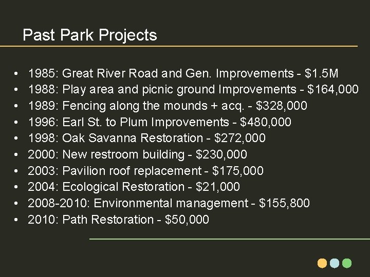 Past Park Projects • • • 1985: Great River Road and Gen. Improvements -