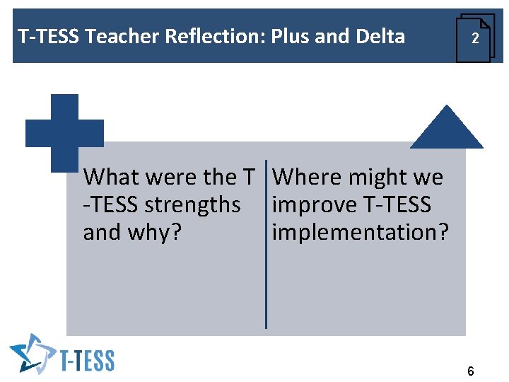 T-TESS Teacher Reflection: Plus and Delta 2 What were the T Where might we