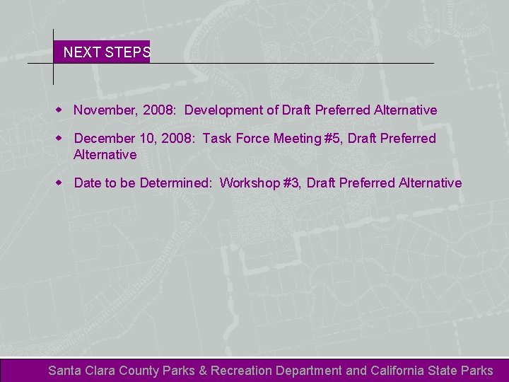 NEXT STEPS w November, 2008: Development of Draft Preferred Alternative w December 10, 2008: