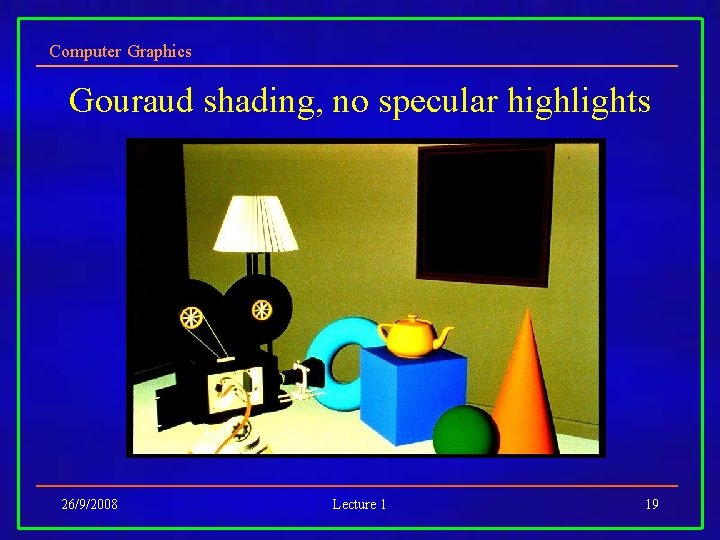 Computer Graphics Gouraud shading, no specular highlights 26/9/2008 Lecture 1 19 