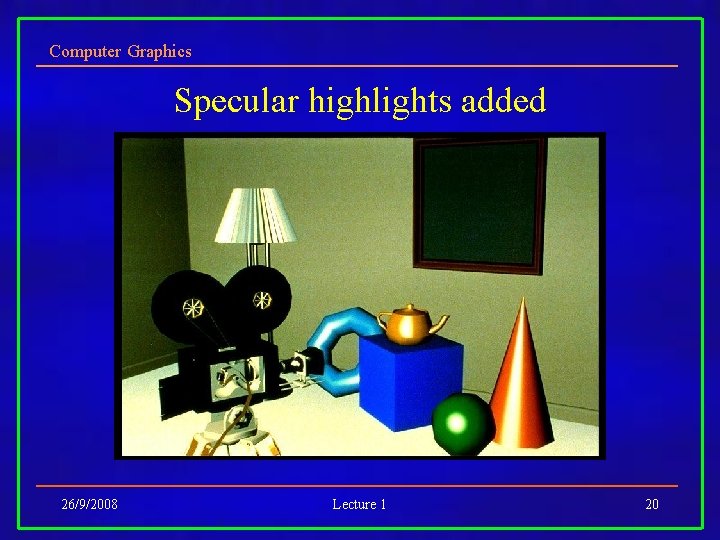 Computer Graphics Specular highlights added 26/9/2008 Lecture 1 20 