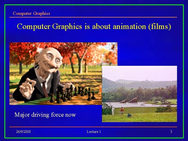 Computer Graphics is about animation (films) Major driving force now 26/9/2008 Lecture 1 3