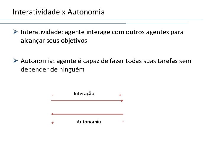 Interatividade x Autonomia Ø Interatividade: agente interage com outros agentes para alcançar seus objetivos