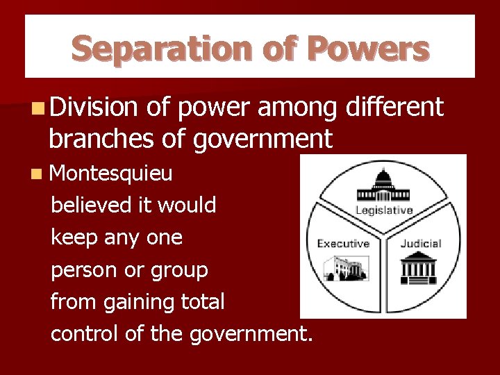 Separation of Powers n Division of power among different branches of government n Montesquieu