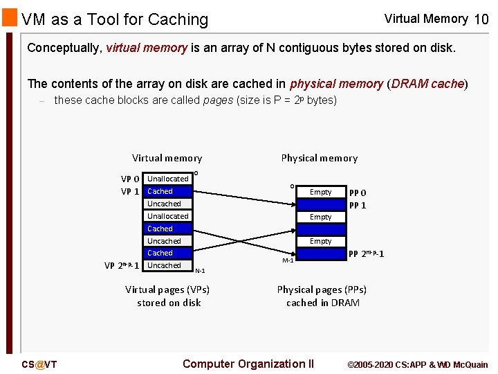 VM as a Tool for Caching Virtual Memory 10 Conceptually, virtual memory is an