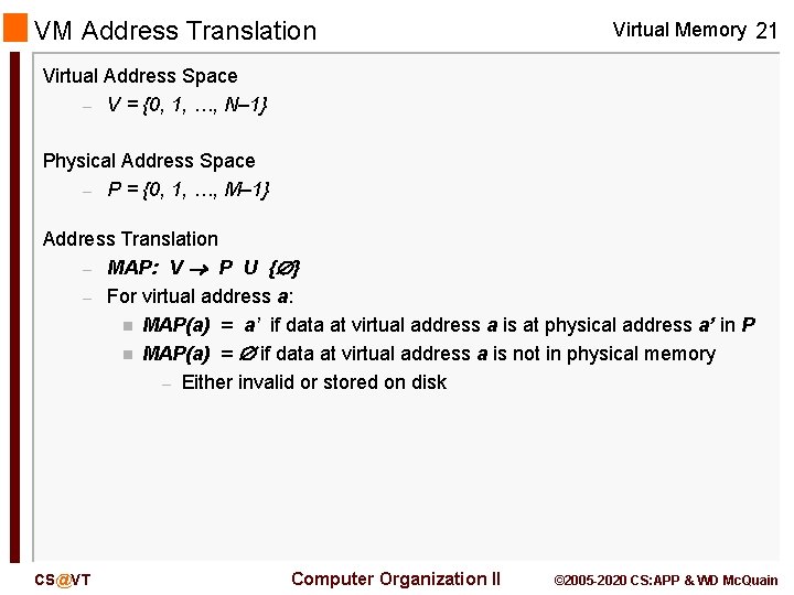 VM Address Translation Virtual Memory 21 Virtual Address Space – V = {0, 1,