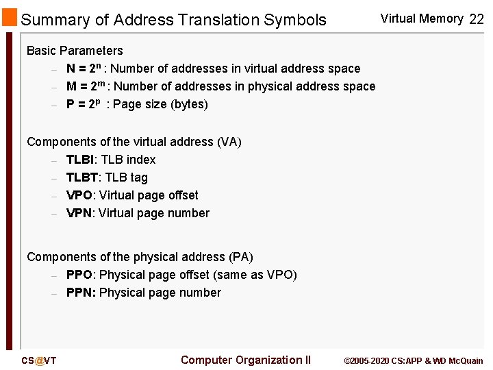 Summary of Address Translation Symbols Virtual Memory 22 Basic Parameters – N = 2