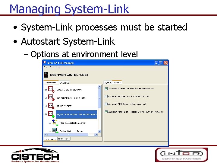 Managing System-Link • System-Link processes must be started • Autostart System-Link – Options at