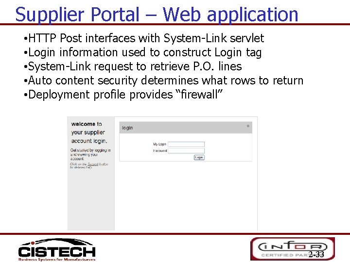 Supplier Portal – Web application • HTTP Post interfaces with System-Link servlet • Login