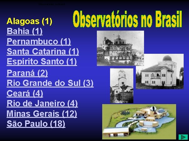 Observatórios no Brasil Alagoas (1) Bahia (1) Pernambuco (1) Santa Catarina (1) Espírito Santo