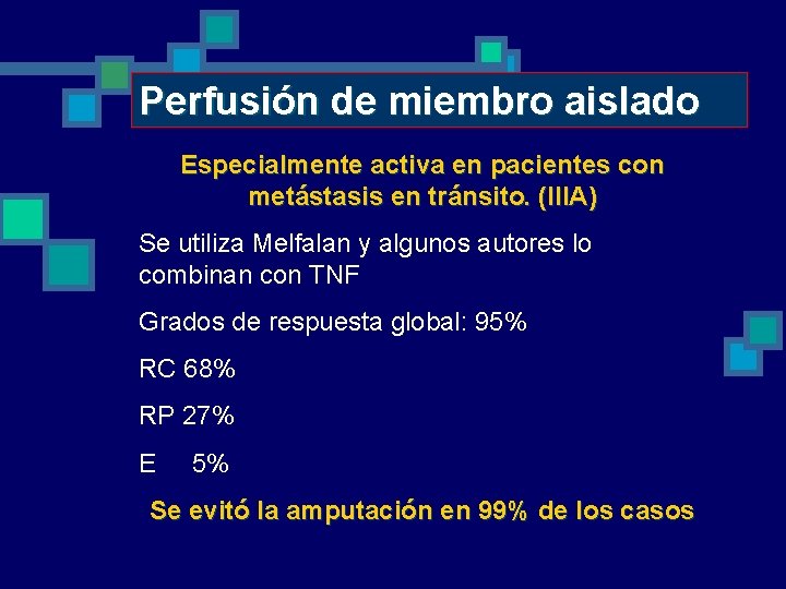 Perfusión de miembro aislado Especialmente activa en pacientes con metástasis en tránsito. (IIIA) Se