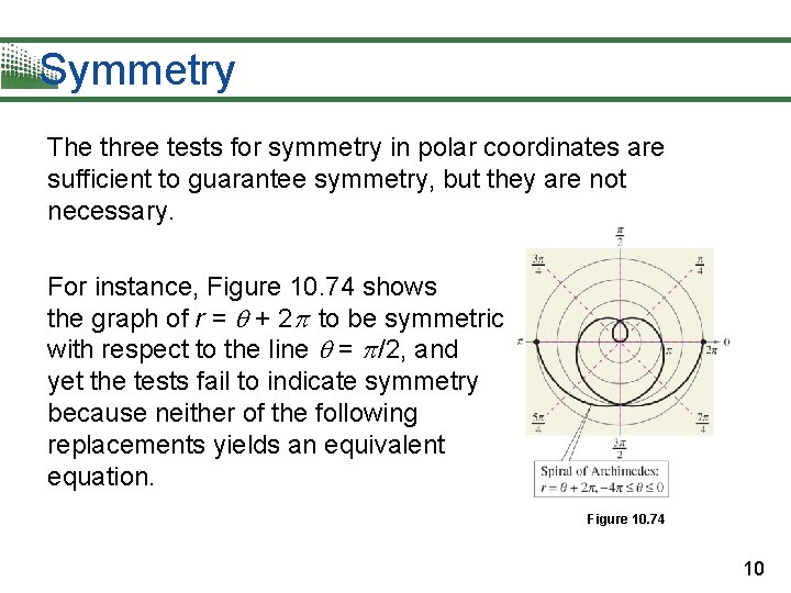 Symmetry The three tests for symmetry in polar coordinates are sufficient to guarantee symmetry,