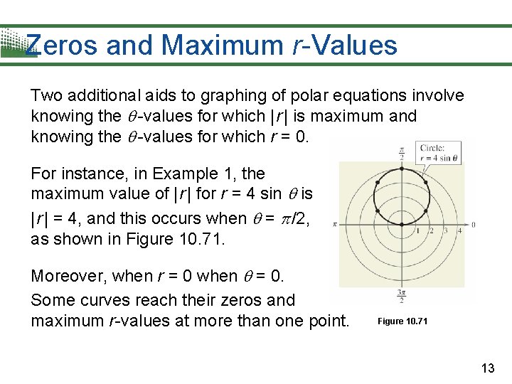 Zeros and Maximum r-Values Two additional aids to graphing of polar equations involve knowing