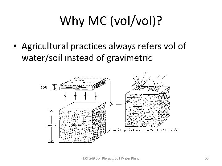 Why MC (vol/vol)? • Agricultural practices always refers vol of water/soil instead of gravimetric