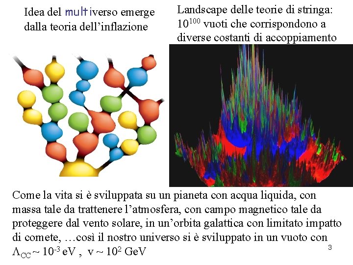 Idea del multiverso emerge dalla teoria dell’inflazione Landscape delle teorie di stringa: 10100 vuoti Idea del multiverso emerge dalla teoria dell’inflazione Landscape delle teorie di stringa: 10100 vuoti