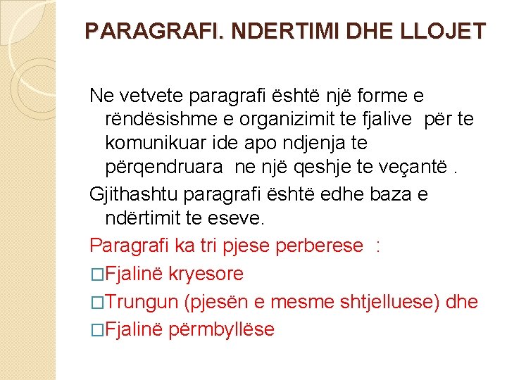 PARAGRAFI. NDERTIMI DHE LLOJET Ne vetvete paragrafi është një forme e rëndësishme e organizimit