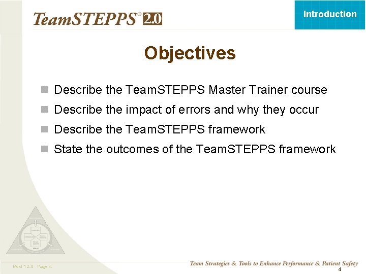 Introduction Objectives n Describe the Team. STEPPS Master Trainer course n Describe the impact