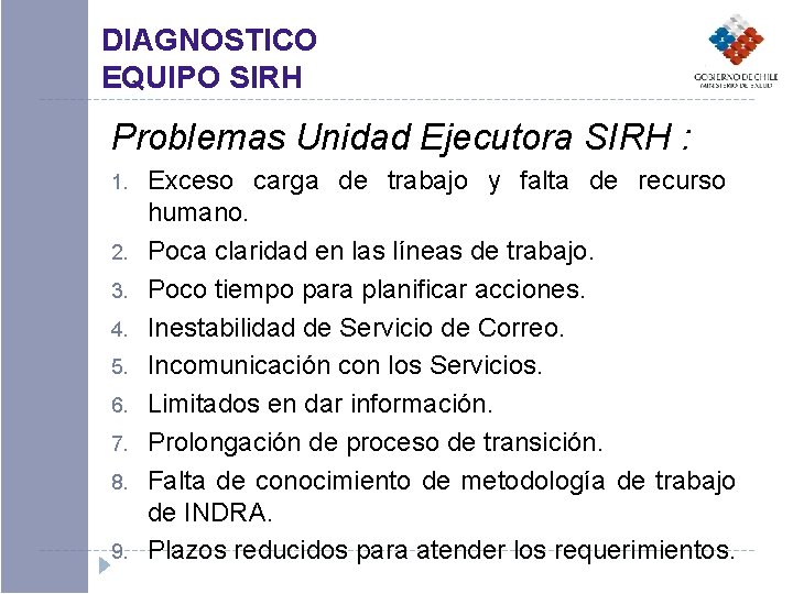 DIAGNOSTICO EQUIPO SIRH Problemas Unidad Ejecutora SIRH : 1. 2. 3. 4. 5. 6.