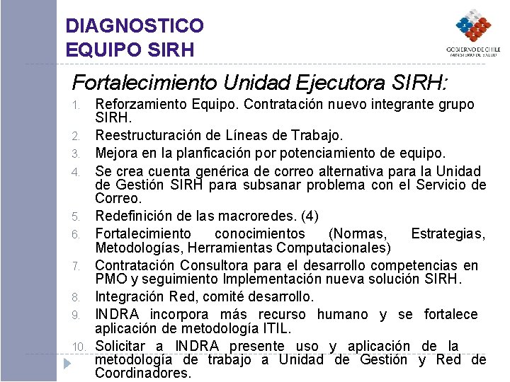 DIAGNOSTICO EQUIPO SIRH Fortalecimiento Unidad Ejecutora SIRH: 1. 2. 3. 4. 5. 6. 7.