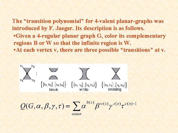 The “transition polynomial” for 4 -valent planar-graphs was introduced by F. Jaeger. Its description