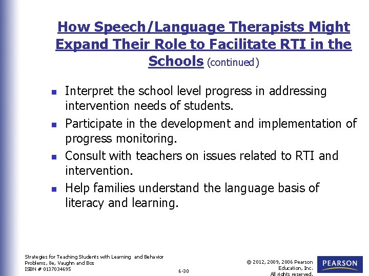 How Speech/Language Therapists Might Expand Their Role to Facilitate RTI in the Schools (continued)